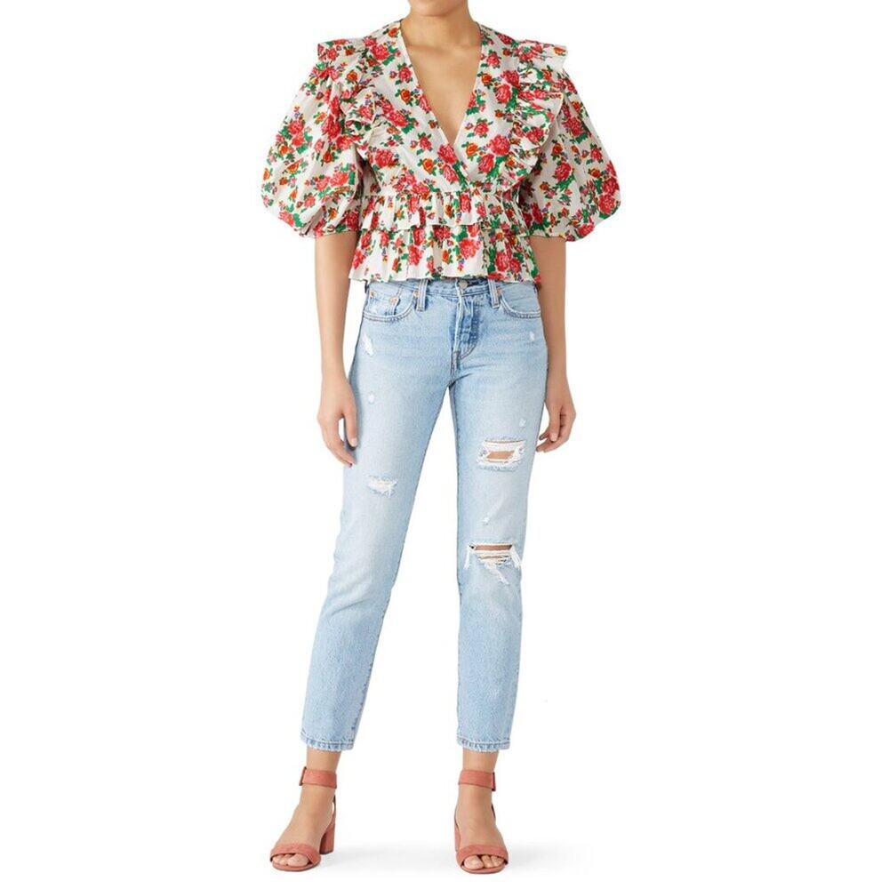 RHODE Tuckernuck Elodie Top Floral Ruffle Cotton Cropped Blouse Puff Sleeve M